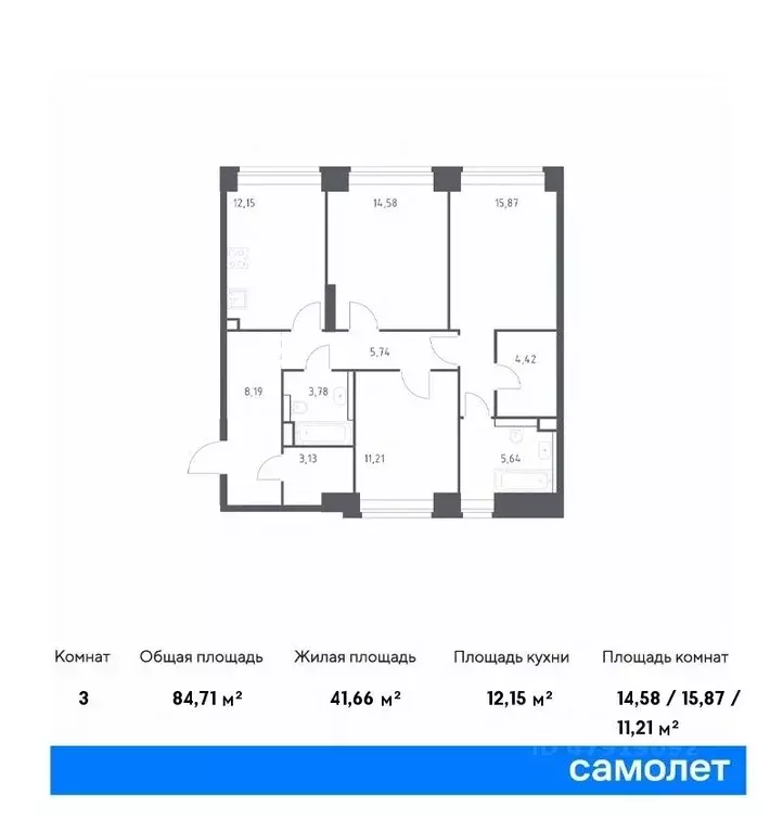 3-к кв. Москва Нова жилой комплекс, к1 (84.71 м) - Фото 0