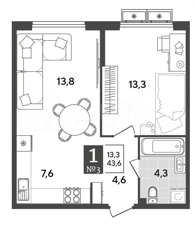 1-к. квартира, 43,6 м, 2/9 эт. - Фото 1