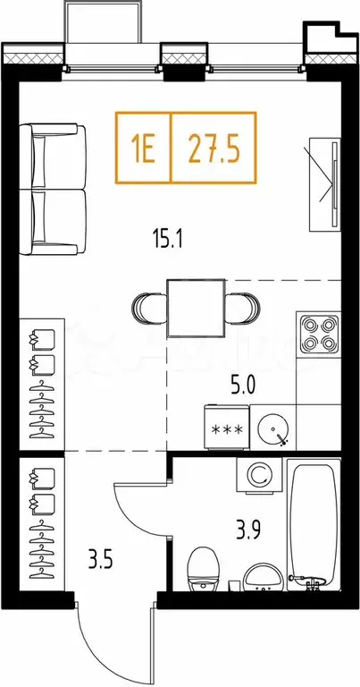 Квартира-студия, 27,5 м, 2/9 эт. - Фото 0