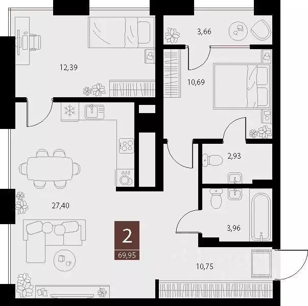 2-к кв. Рязанская область, Рязань ул. Бирюзова, 20с1 (69.95 м) - Фото 1