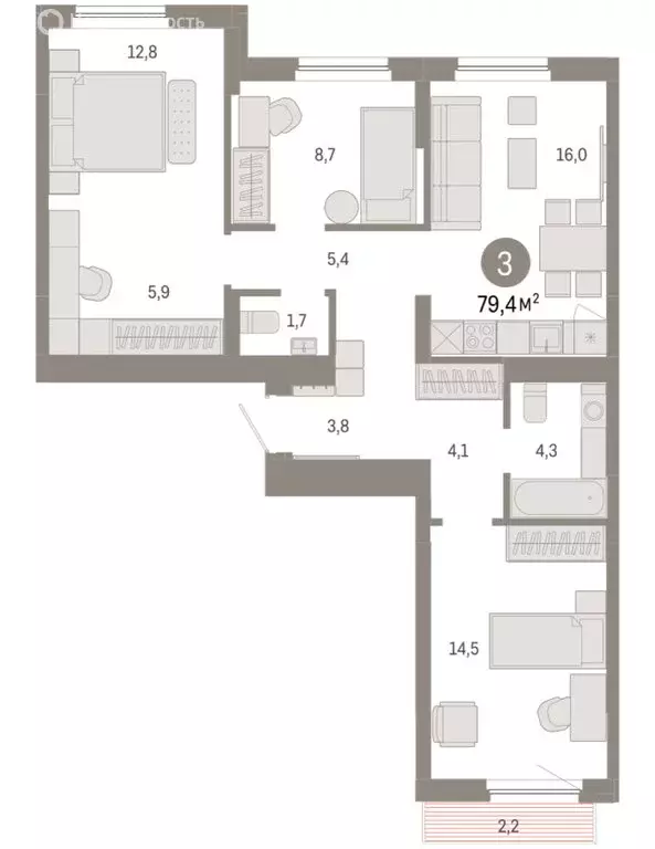 3-комнатная квартира: Новосибирский район, рабочий посёлок Краснообск, ... - Фото 2