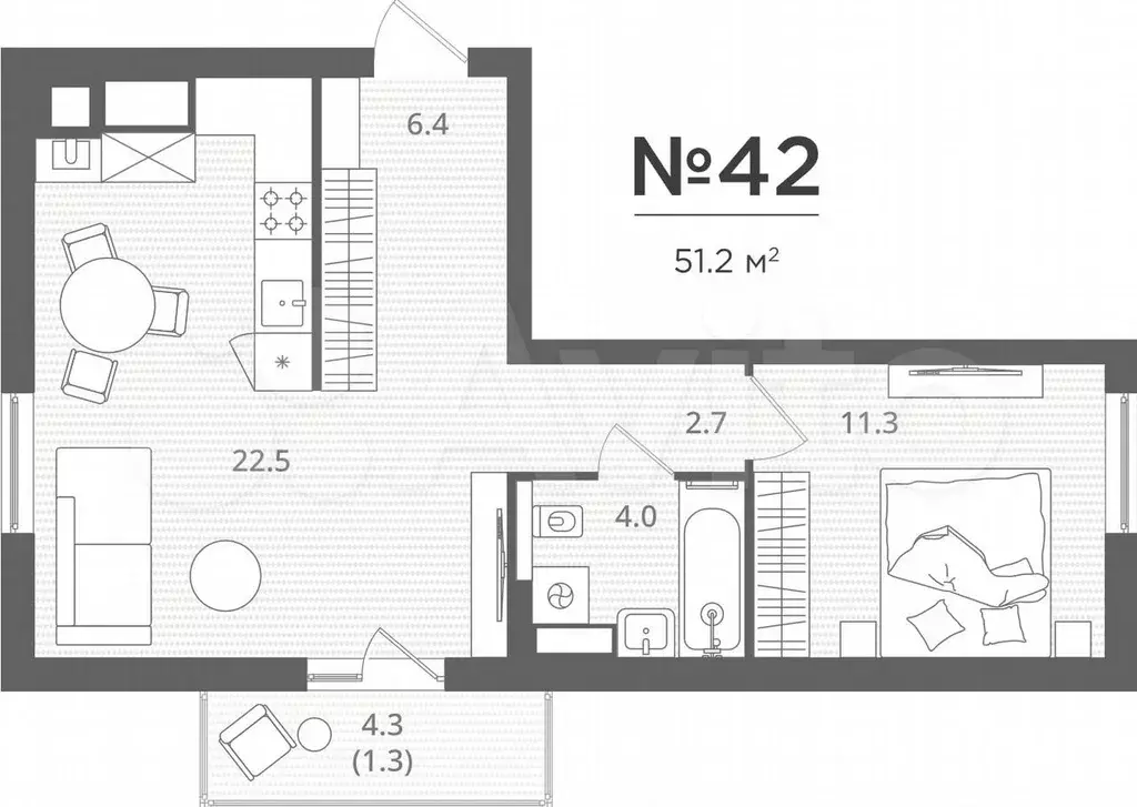 2-к. квартира, 51,2 м, 2/7 эт. - Фото 1