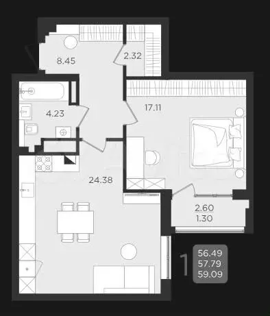 1-к. квартира, 59,1 м, 2/9 эт. - Фото 1