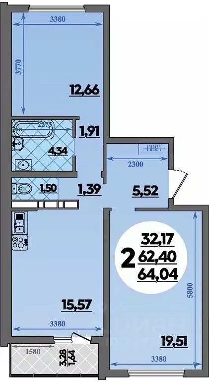 2-к кв. Адыгея, Майкоп ул. Михайлова, 7 (64.04 м) - Фото 1