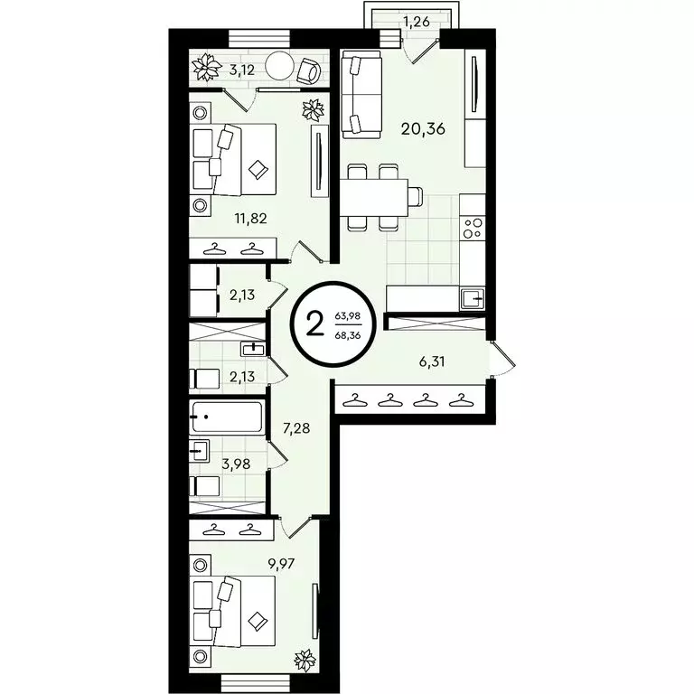 2-комнатная квартира: Тюмень, улица Александра Звягина, 7 (68.36 м) - Фото 0