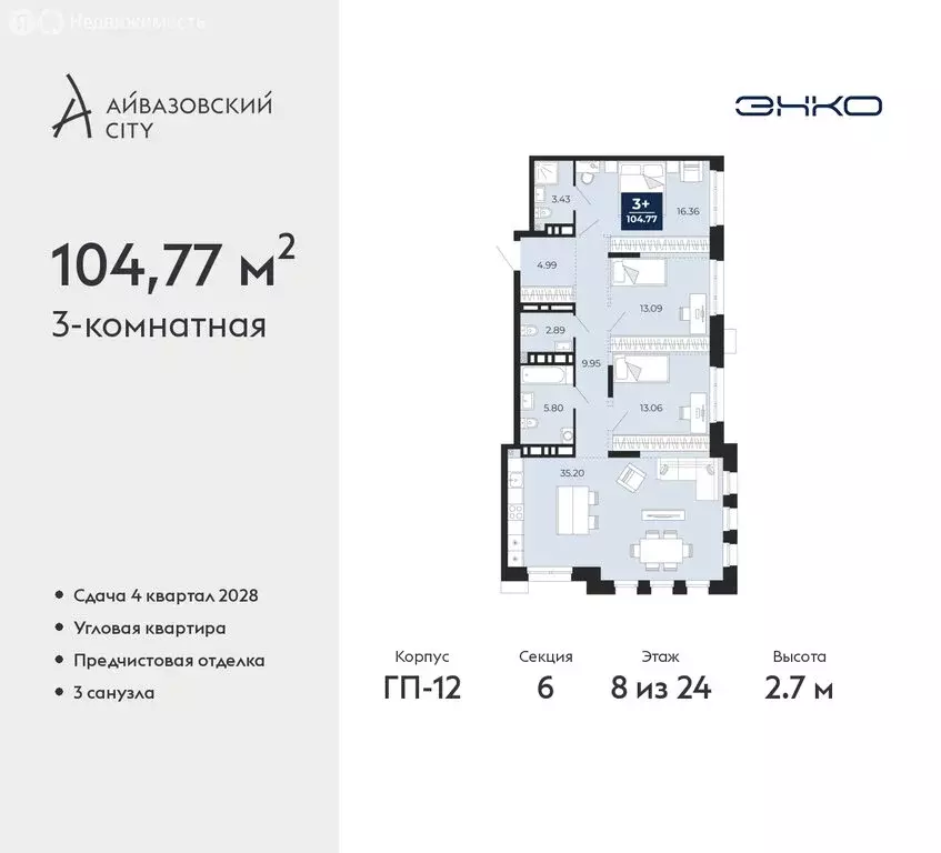 3-комнатная квартира: Тюмень, ЖК Айвазовский Сити (104.77 м) - Фото 1
