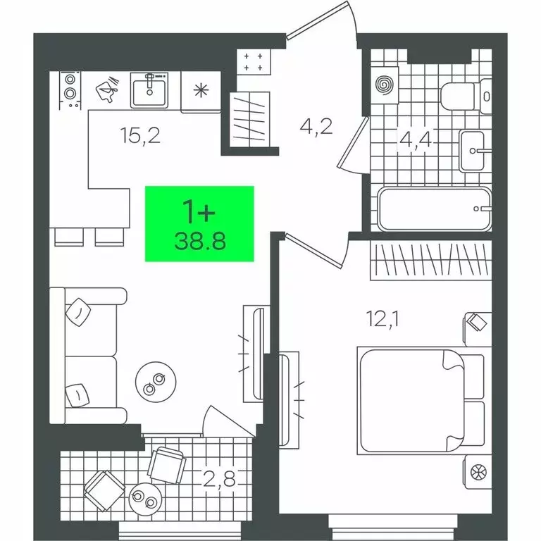 1-комнатная квартира: Тюмень, улица Василия Малкова, 5 (38.84 м) - Фото 0