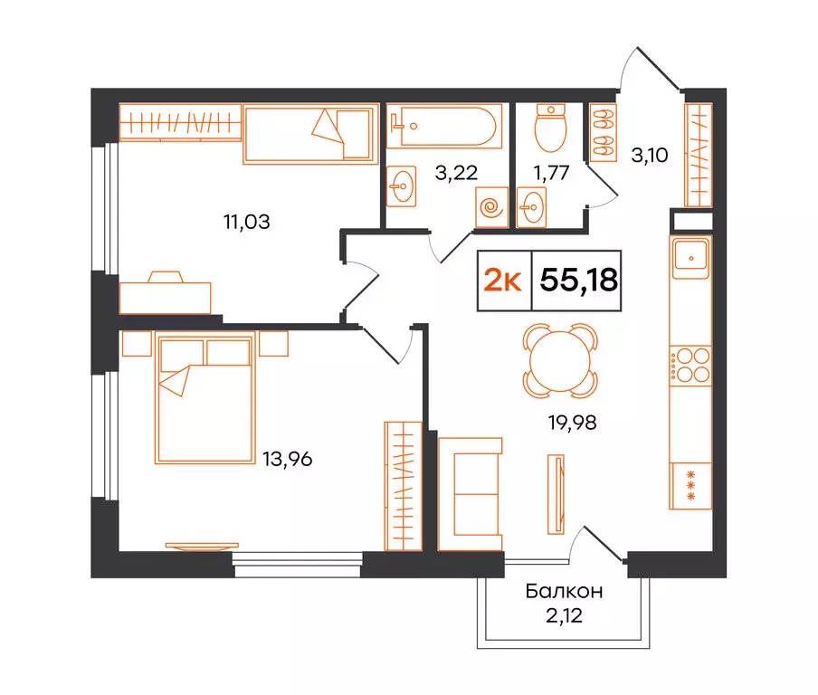 2-комнатная квартира: Тюмень, Полевая улица, 117к13 (55.18 м) - Фото 1