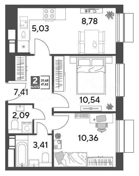 2-к. квартира, 47,6 м, 5/15 эт. - Фото 0