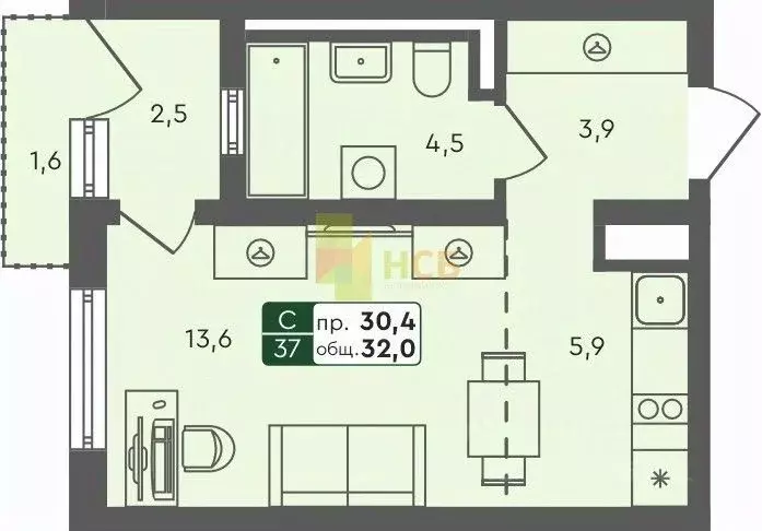 Студия Омская область, Омск Красноярский тракт (30.9 м) - Фото 1