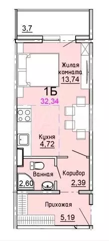 Квартира-студия, 32,3 м, 7/17 эт. - Фото 0