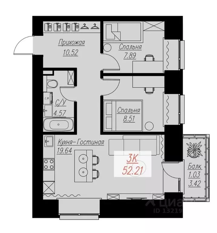 2-к кв. Красноярский край, Красноярск Семафорная ул., 441а (52.21 м) - Фото 0