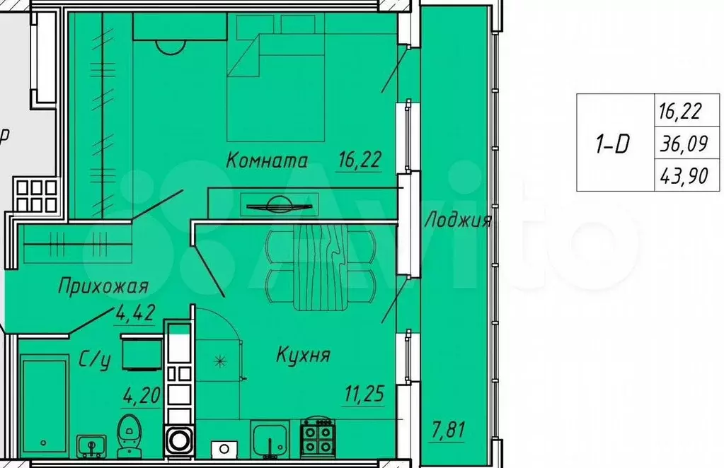 1-к. квартира, 43,9 м, 7/9 эт. - Фото 0