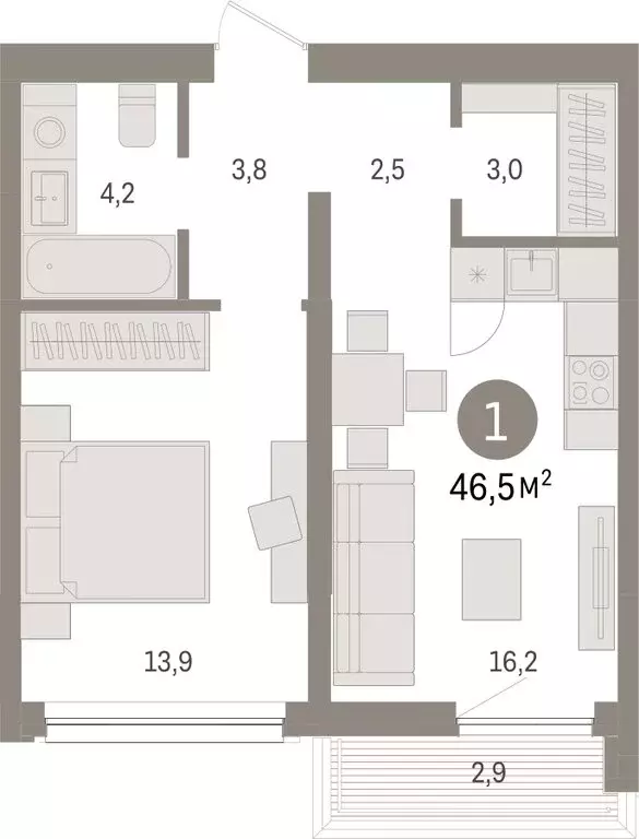 1-комнатная квартира: Тюмень, Мысовская улица, 26к1 (46.51 м) - Фото 1