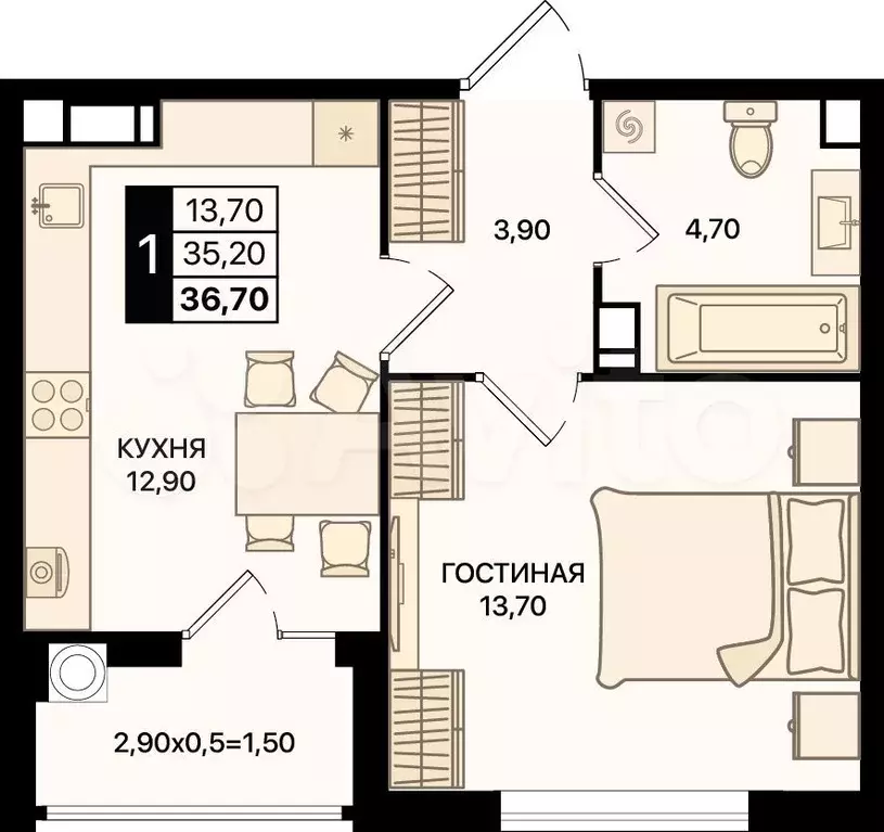 1-к. квартира, 36,7 м, 5/18 эт. - Фото 0