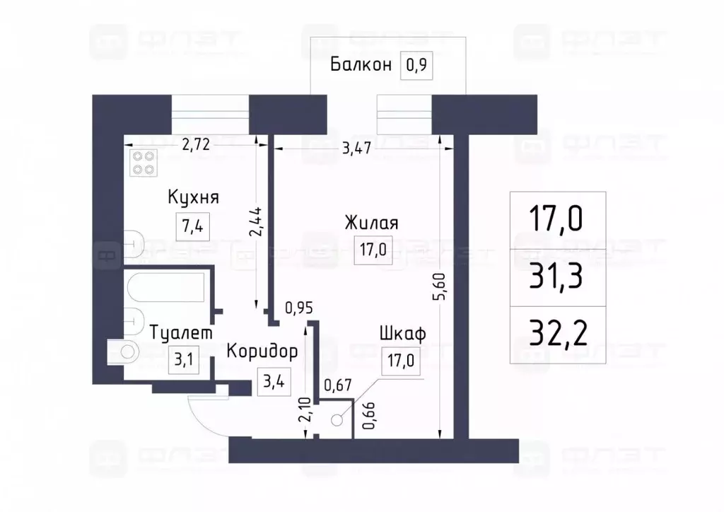 1-к кв. Татарстан, Казань ул. Восход, 5 (32.2 м) - Фото 2