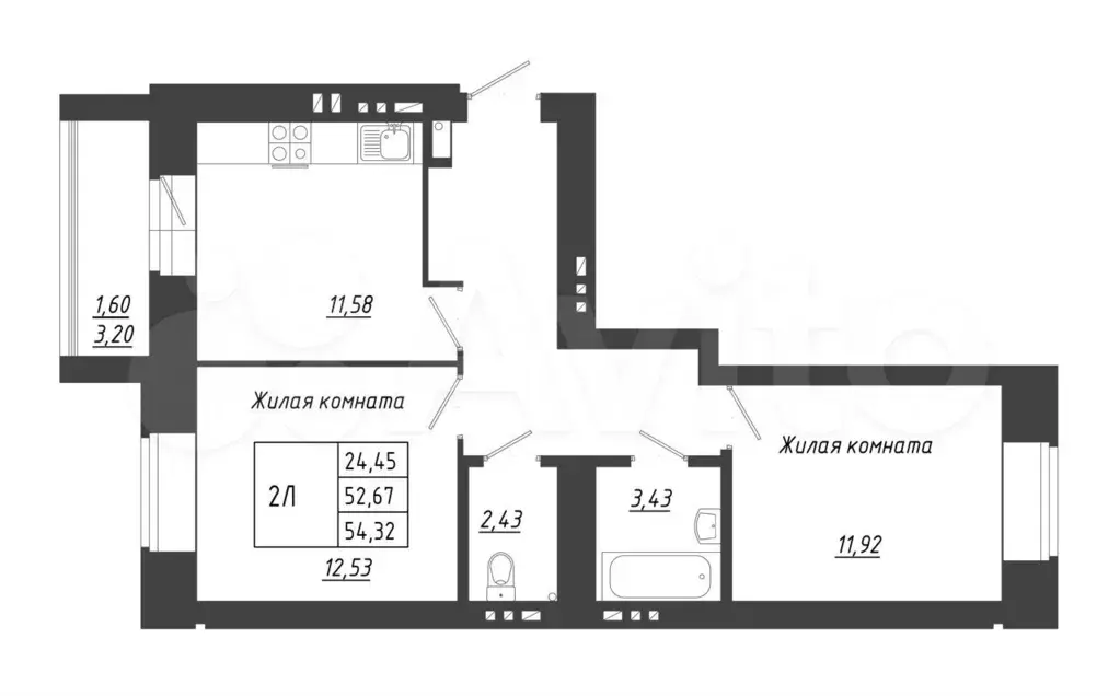 2-к. квартира, 54,3 м, 9/10 эт. - Фото 0