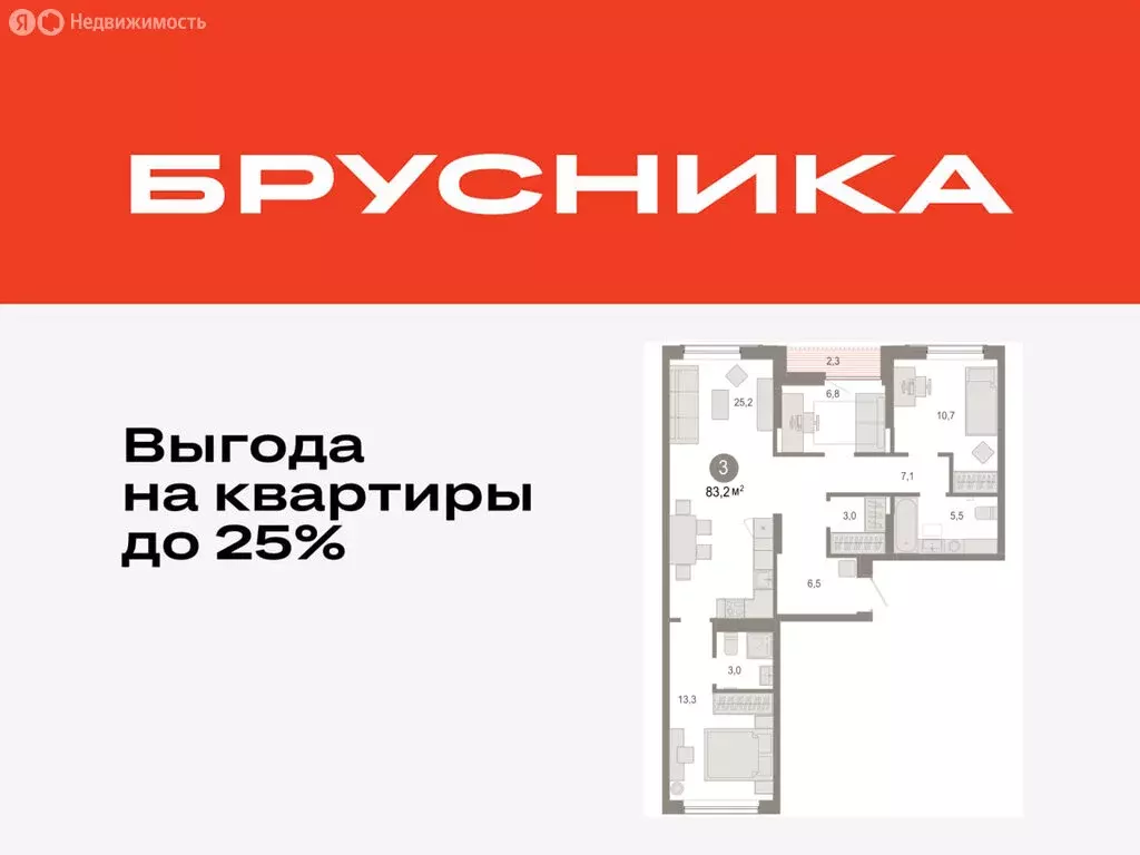 3-комнатная квартира: Тюмень, микрорайон ДОК, ЖК Октябрьский на Туре ... - Фото 0
