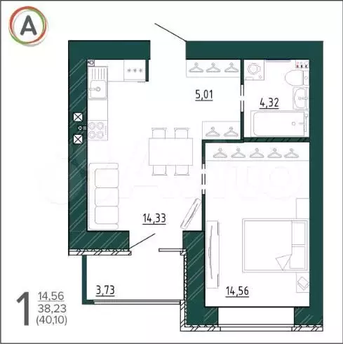 1-к. квартира, 40,1м, 7/9эт. - Фото 1