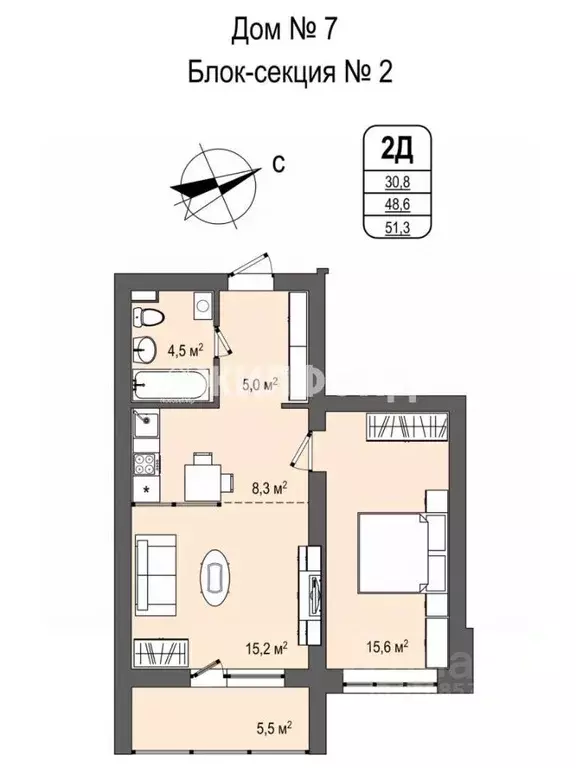 2-к кв. Кемеровская область, Кемерово Космическая ул., 2Б (51.3 м) - Фото 0