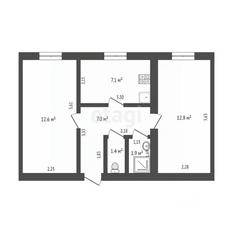 2-к кв. Тюменская область, Ишим ул. Калинина (42.8 м) - Фото 1