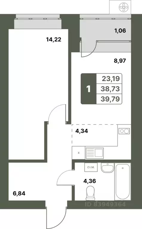 1-к кв. Башкортостан, Уфимский район, с. Миловка  (39.79 м) - Фото 1