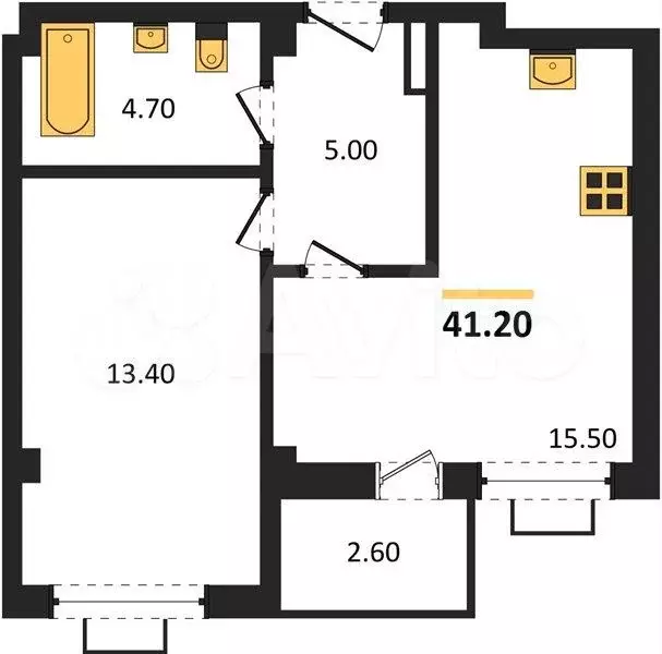 1-к. квартира, 41,2 м, 3/8 эт. - Фото 1