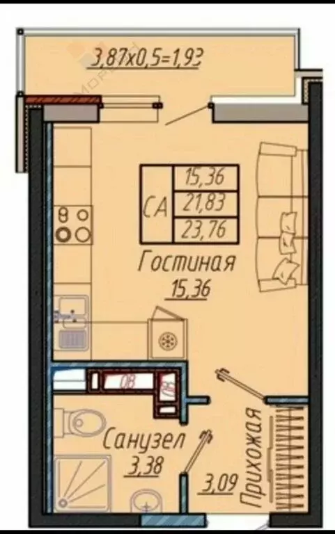 Квартира-студия: Краснодар, улица имени Генерала Корнилова, 9к2 (22.1 ... - Фото 1