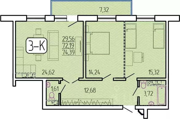 3-к кв. Бурятия, Улан-Удэ 140А мкр,  (74.39 м) - Фото 1