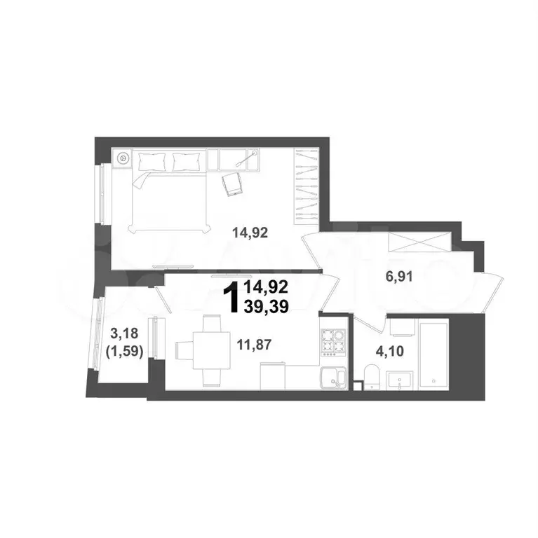 1-к. квартира, 39,4 м, 18/21 эт. - Фото 1