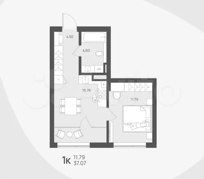 1-к. квартира, 37,1 м, 1/4 эт. - Фото 1