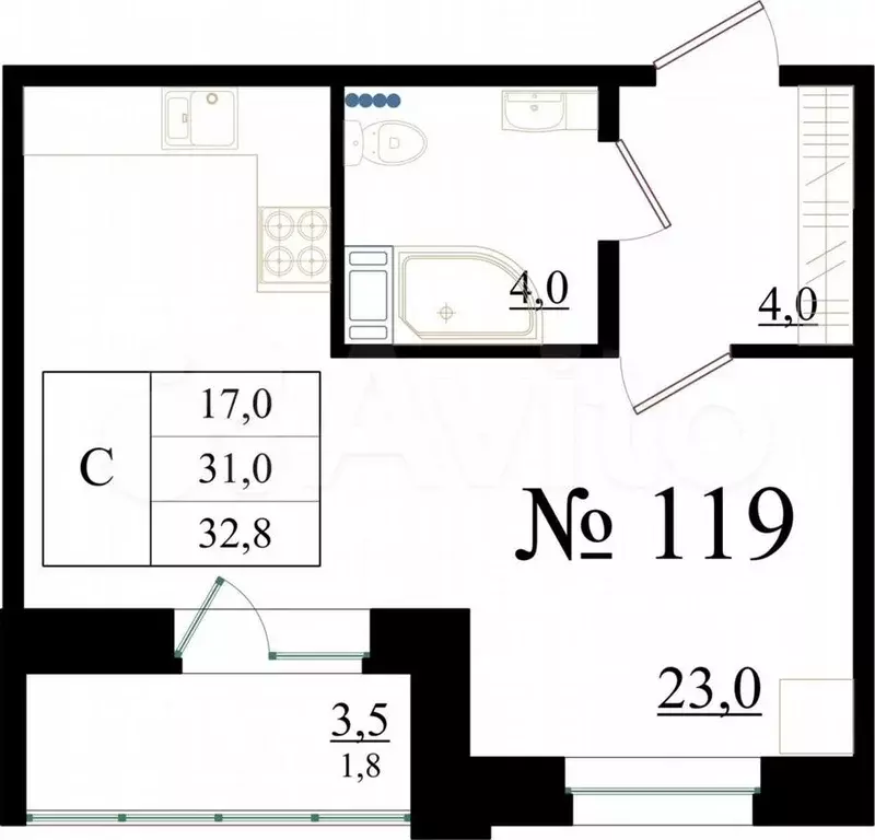 Квартира-студия, 32,8м, 6/8эт. - Фото 0