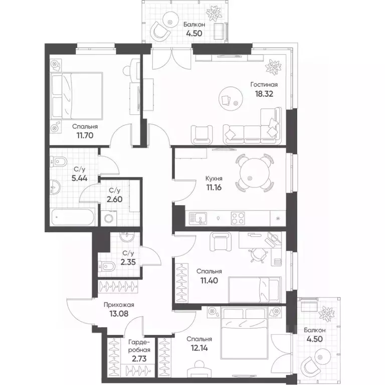 4-к кв. Татарстан, Казань ул. Гаврилова, 7к1 (94.7 м) - Фото 1