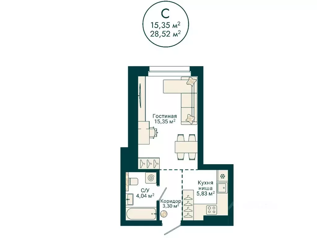 Студия Башкортостан, Уфа Сердце Уфы жилой комплекс (28.52 м) - Фото 2