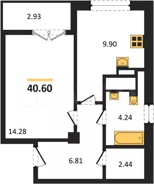 1-к. квартира, 40,6 м, 6/9 эт. - Фото 1