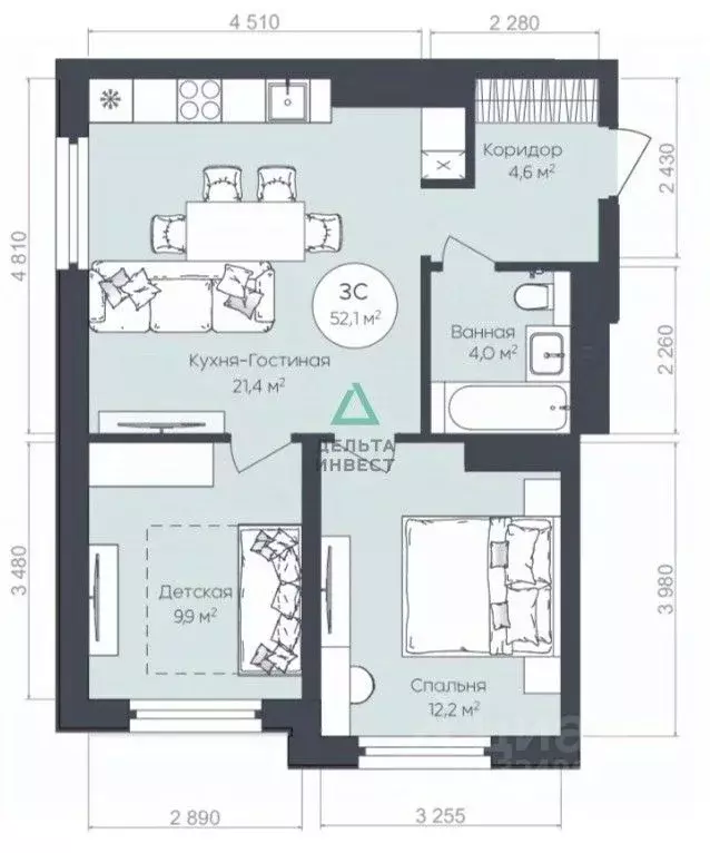 3-к кв. Башкортостан, Уфа ул. Братьев Кадомцевых, 17 (52.1 м) - Фото 2