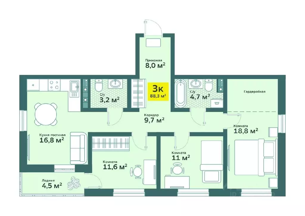 3-к кв. Тюменская область, Тюмень ул. Сергея Свиридова, 11 (88.26 м) - Фото 0