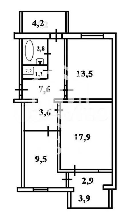 2-к. квартира, 56,9 м, 1/9 эт. - Фото 0