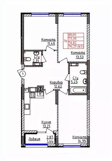 3-к кв. Калининградская область, Калининград ул. Дубовая Аллея (74.82 ... - Фото 1