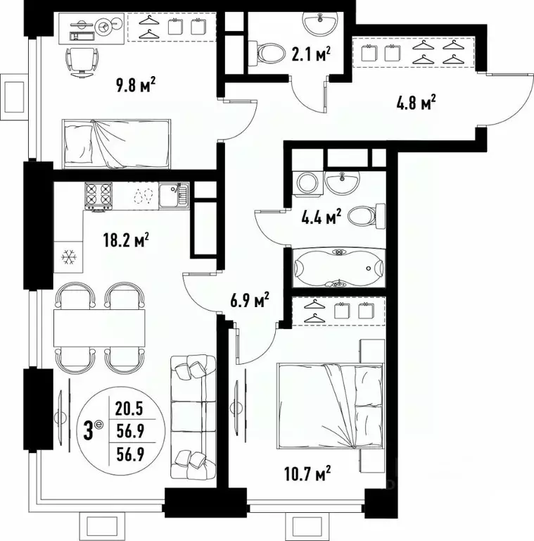 3-к кв. Астраханская область, Астрахань ул. Бэра, 29 (56.9 м) - Фото 2