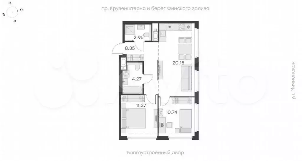 2-к. квартира, 57,7 м, 7/19 эт. - Фото 0