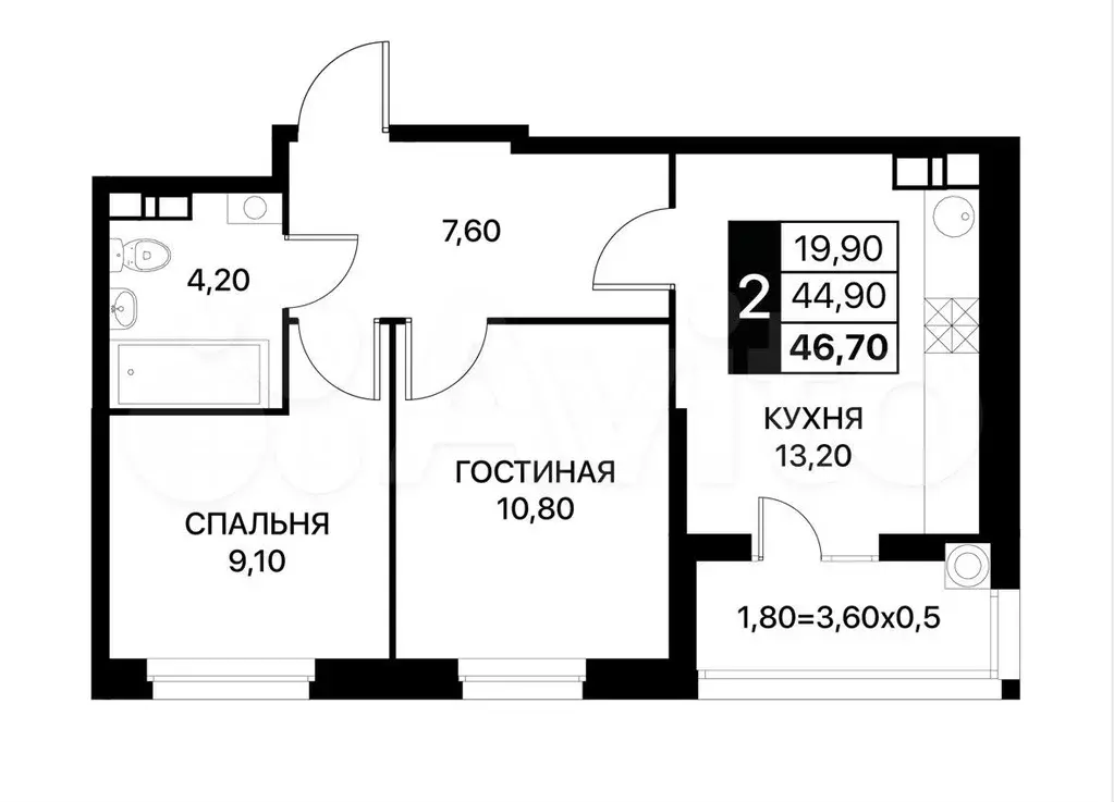2-к. квартира, 47 м, 5/13 эт. - Фото 0