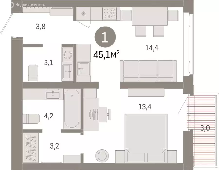 1-комнатная квартира: Тюмень, Ленинский округ (45.05 м) - Фото 1