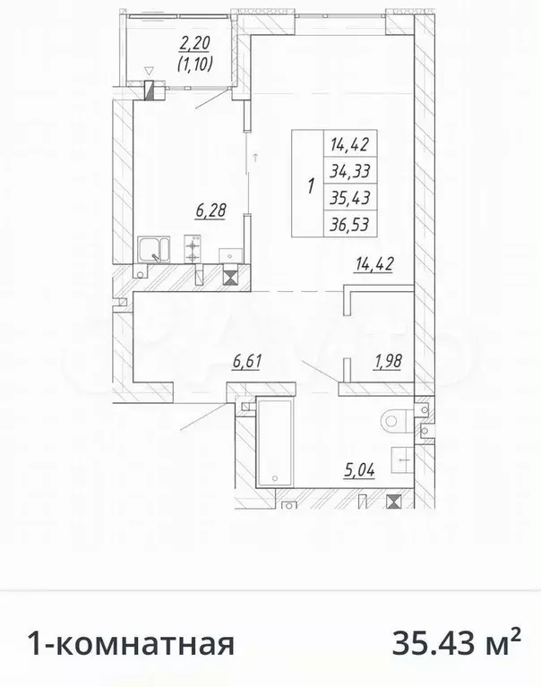 1-к. квартира, 35,4 м, 1/4 эт. - Фото 1