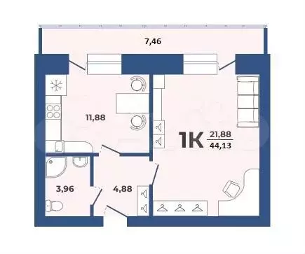 1-к. квартира, 44,1 м, 1/9 эт. - Фото 0