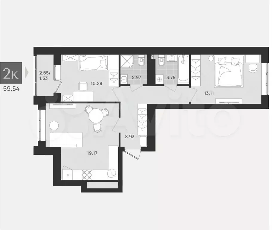 2-к. квартира, 59,5 м, 5/9 эт. - Фото 1