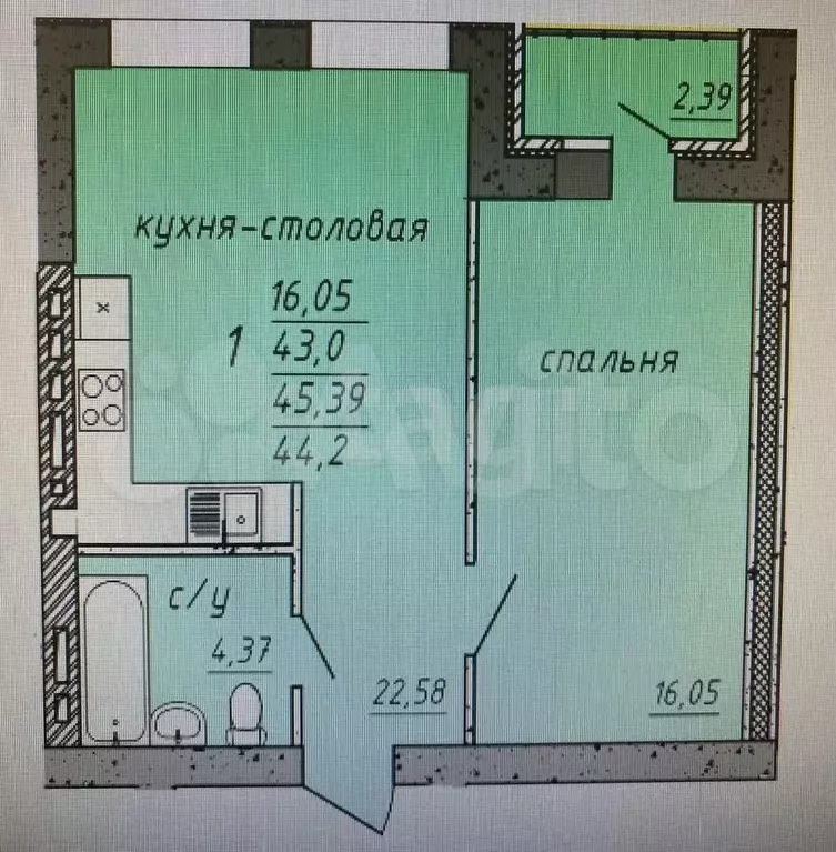 1-к. квартира, 45,4 м, 4/4 эт. - Фото 0