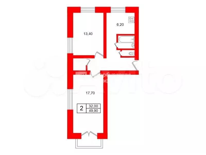 2-к. квартира, 49,9 м, 3/9 эт. - Фото 0