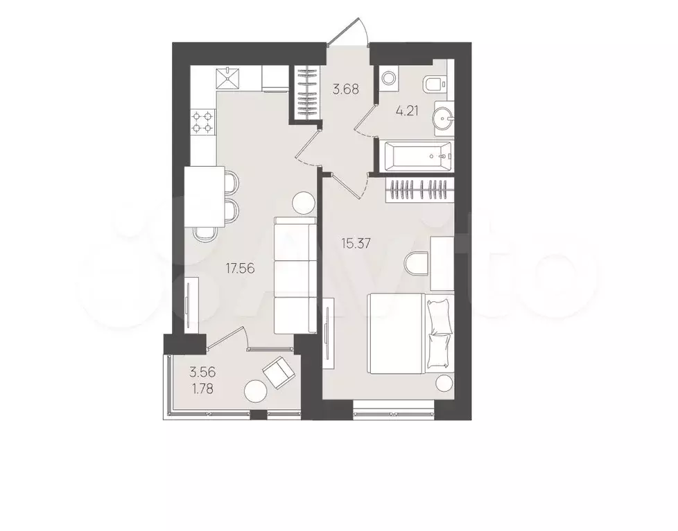 1-к. квартира, 42,6 м, 5/5 эт. - Фото 1