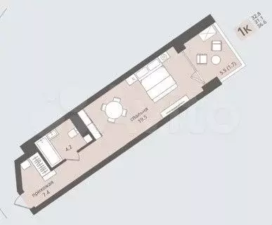 Апартаменты-студия, 36,6 м, 5/5 эт. - Фото 1